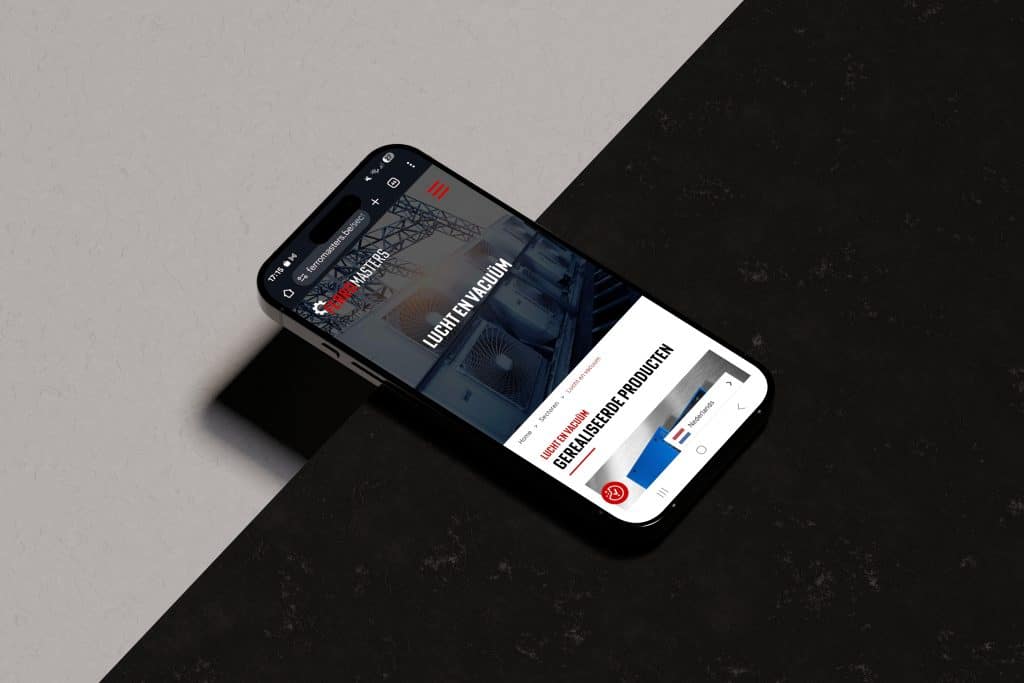 Een mockup van de Ferromasters website op een GSM