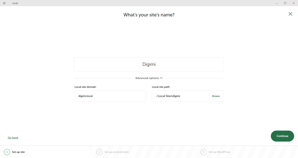 LocalWP whats your site's name page