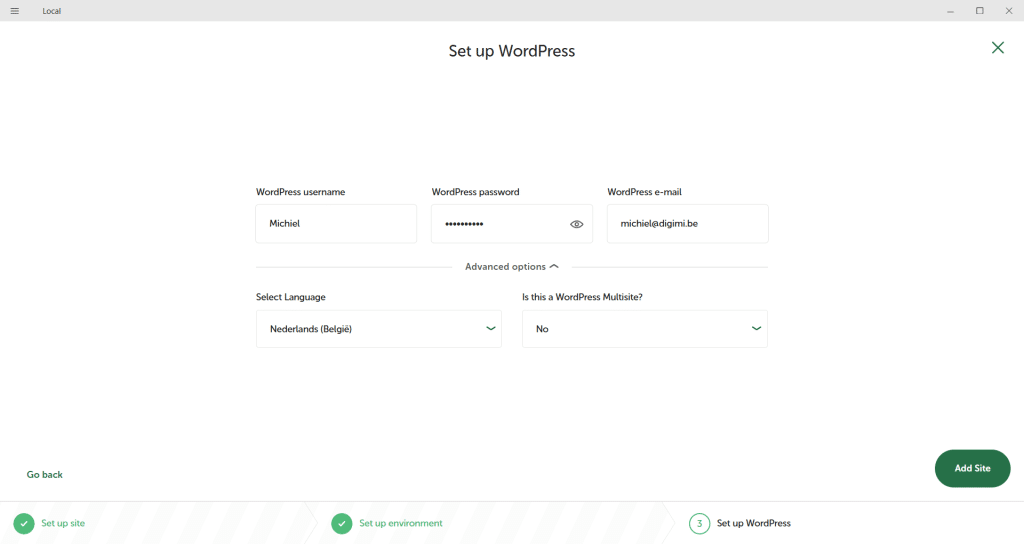 LocalWP WordPress setup page