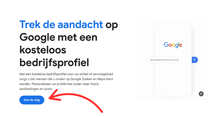 Google My Business aanmaken via aan de slag knop