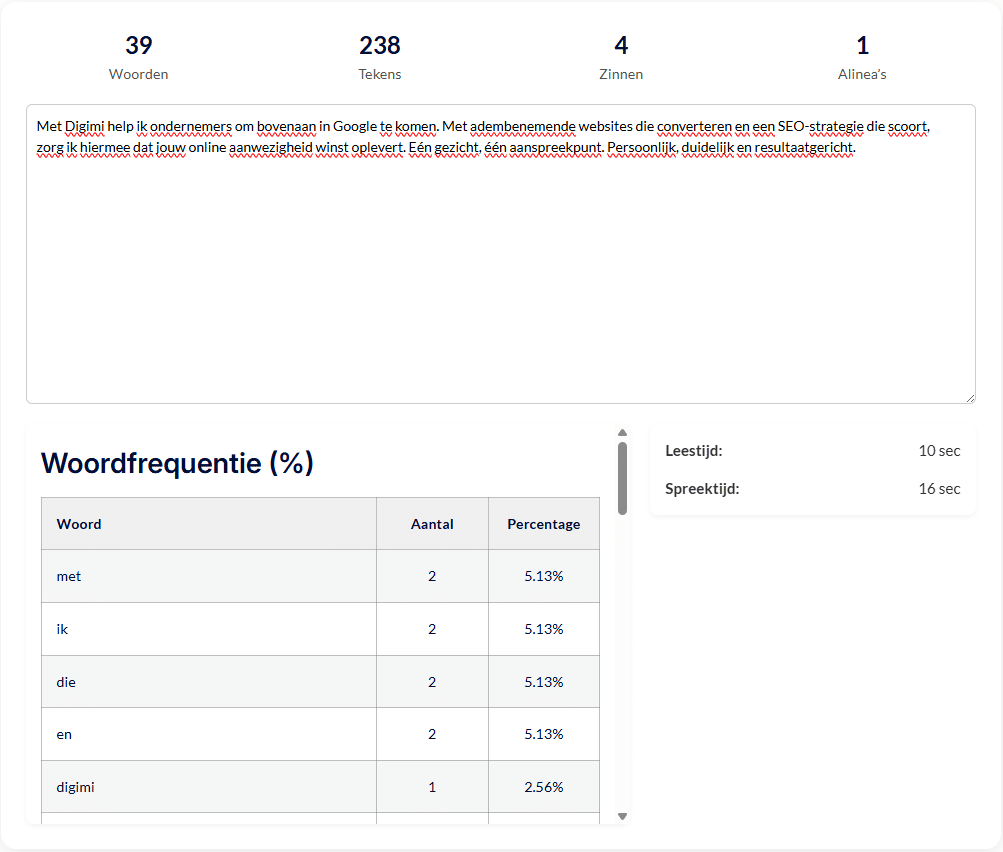 Tekens tellen tool in actie